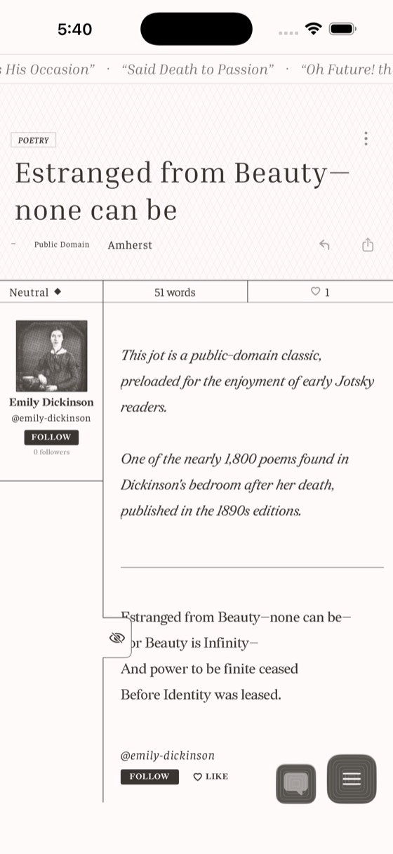 A jot open in the stack: an Emily Dickinson poem with its headline, author card, and body