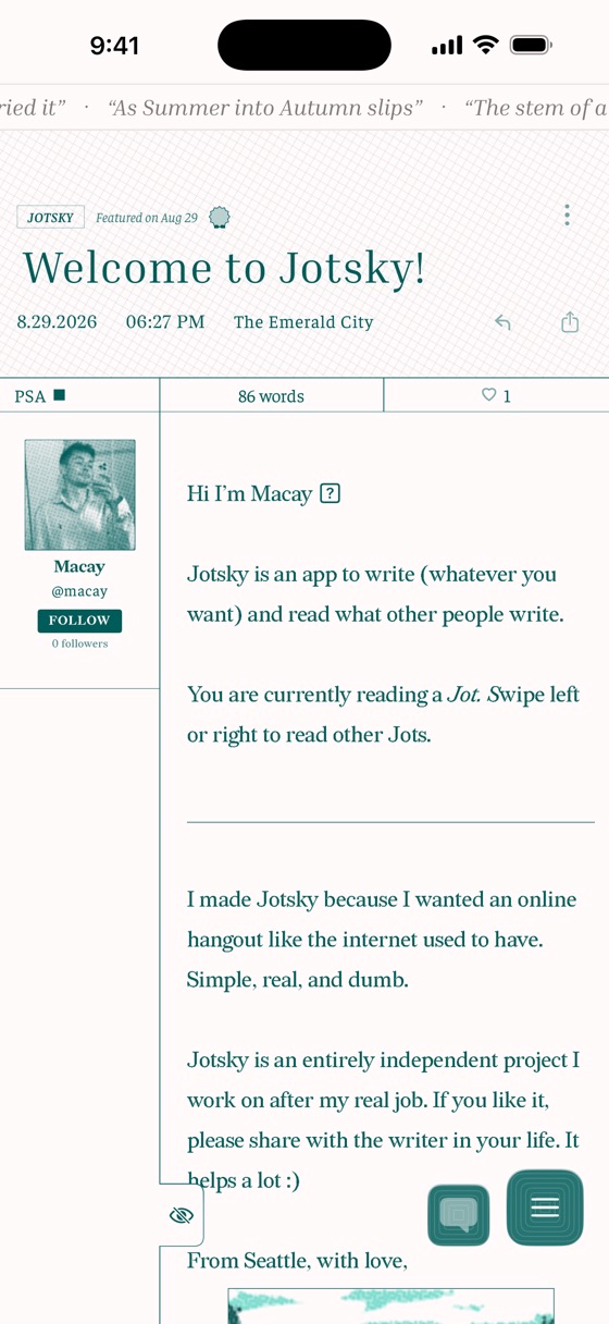 The welcome jot open in the stack: headline, author card, and body