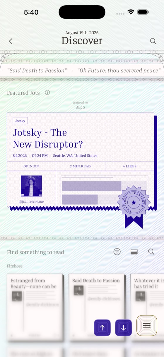 The Discover page: search, topics, and featured jots over the wave background