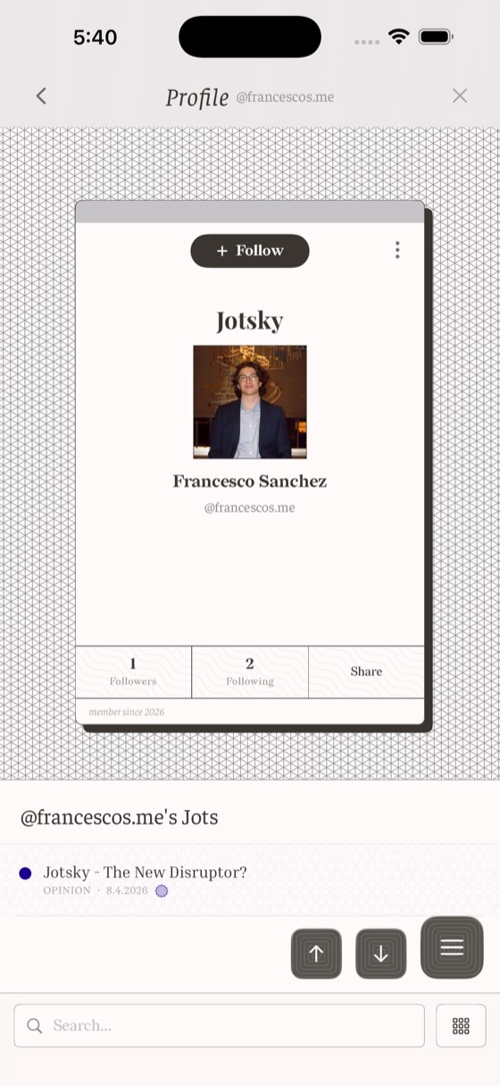 A writer's profile with their jots and follower counts