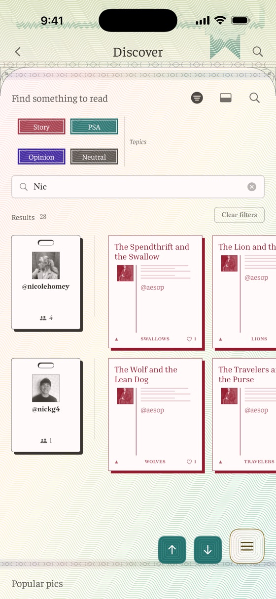 Find something to read: search with type filters, writer cards, and story results