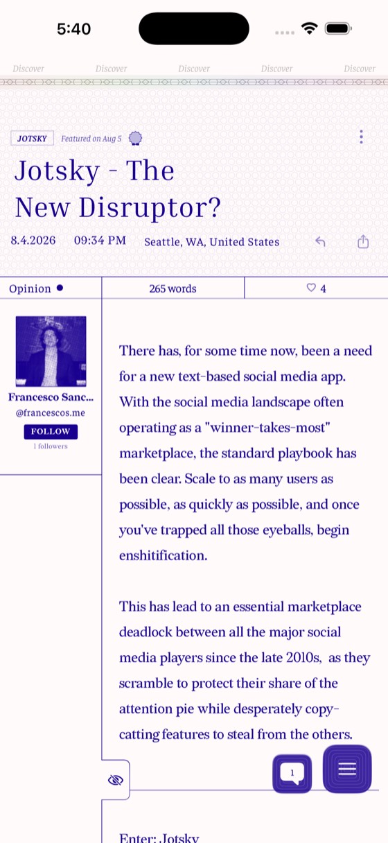A featured opinion jot in the purple ink theme