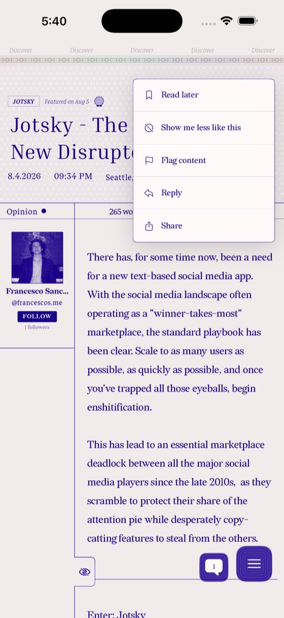 The jot menu: read later, show me less like this, flag, reply, share