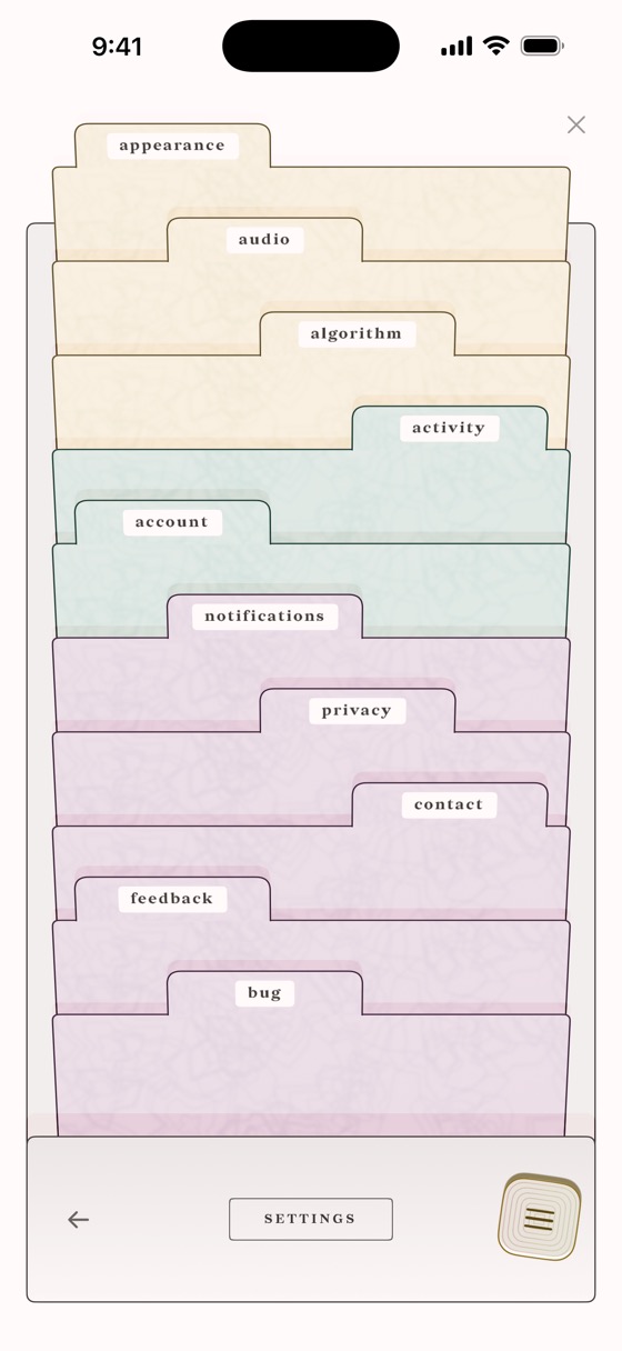 Settings as a card catalog of labeled manila folders